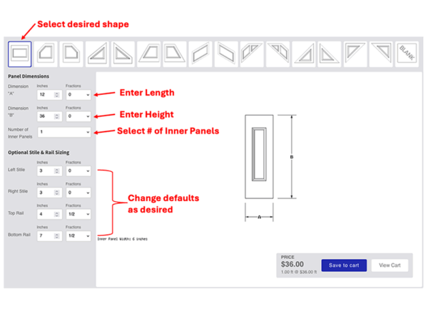 Custom Wainscoting Design Tool screenshot that shows where to enter the Length and Height dimensions, inner panels and location of where to change the default stile and rails if desired.