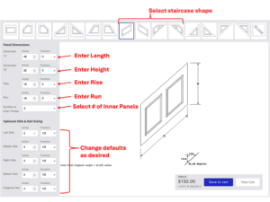 Staircase Custom Design Tool image showing what variables are required when designing a staircase panel. the varibles are staircase diagonal length, panel height, rise and run of the staircase to calculate the angle, the number of innner panels, stile widths and rail heights.