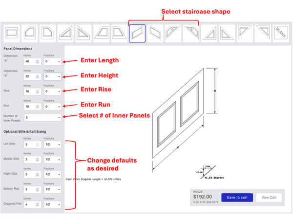 Staircase Custom Design Tool image showing what variables are required when designing a staircase panel. the varibles are staircase diagonal length, panel height, rise and run of the staircase to calculate the angle, the number of innner panels, stile widths and rail heights.