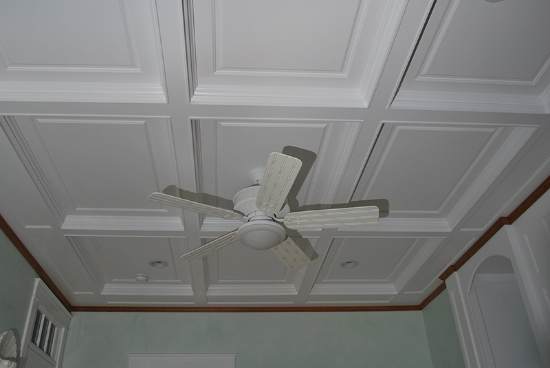 The Ceiling fan is located in the center coffered box.