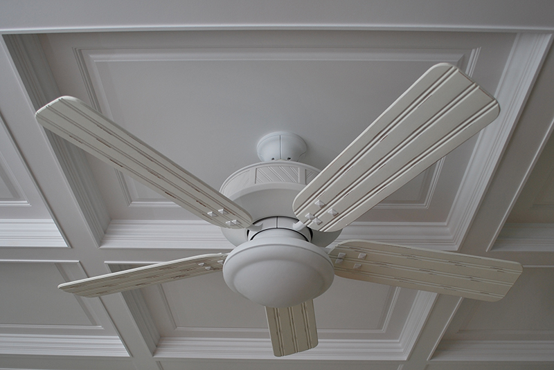 The Ceiling fan is located in the center coffered box.