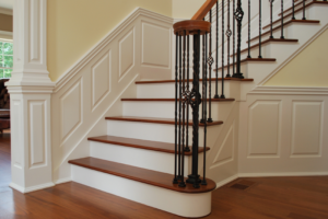 Classic Raised Panel Staircase with Column and custom triangle panel in foyer. Installed in Wolcott CT